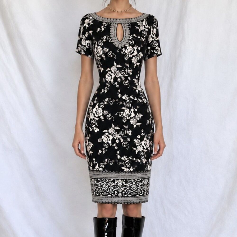 Vintage Y2K 90s Black White Printed Knee Length Boho Knit Sheath Dress Size M/L